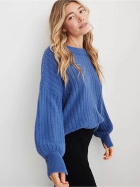 aerie Blue Ribbed Balloon-Sleeve Crewneck Sweater
